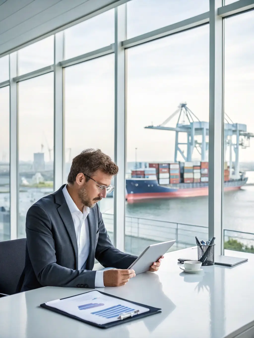 A professional photo of a maritime consultant analyzing shipping routes on a digital screen, showcasing expertise in logistics and supply chain management.