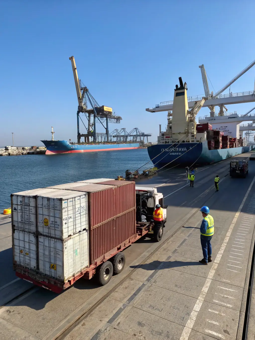 A photograph of a bustling port with optimized container flow, showcasing the tangible improvements in port operations achieved through Bleu Intelligence's consulting services.