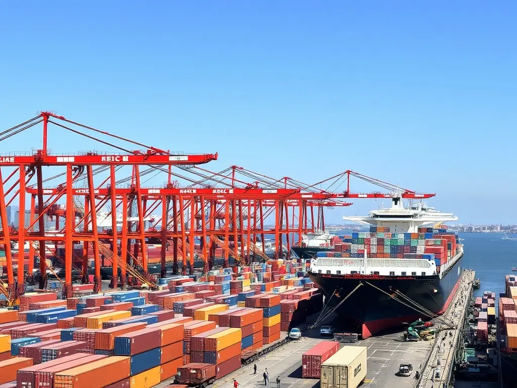 An image showcasing a busy port with containers being loaded and unloaded, representing Bleu Intelligence's port and berth coordination services, emphasizing the matching of cargo requirements with suitable terminals.